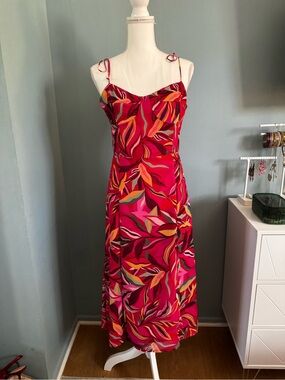 NWT VERNACULAR Pink Tropical Print Shoulder Tie Slip Dress Medium